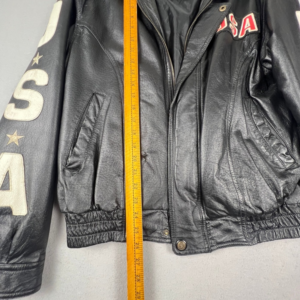 Leather Bomber Jacket Mens L Black USA Eagle Patriotic Biker Vintage Rocker - Picture 5 of 16